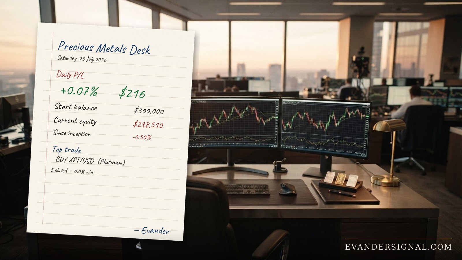 The Evander Signal precious-metals trading desk, with today's handwritten P/L note